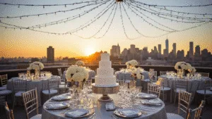 Wedding Anniversary Gifts: The Ultimate Guide to Meaningful Celebrations of Love A luxurious rooftop anniversary celebration at golden hour, featuring round tables with silver silk linens, crystal stemware, elegant floral centerpieces, fairy lights overhead, and a three-tiered wedding cake, all set against a dramatic cityscape backdrop.
