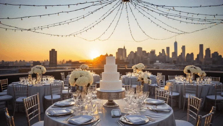 Wedding Anniversary Gifts: The Ultimate Guide to Meaningful Celebrations of Love A luxurious rooftop anniversary celebration at golden hour, featuring round tables with silver silk linens, crystal stemware, elegant floral centerpieces, fairy lights overhead, and a three-tiered wedding cake, all set against a dramatic cityscape backdrop.