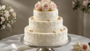 Stunning Wedding Anniversary Cake Design: A Complete Guide to Creating the Perfect Celebratory Masterpiece Luxurious three-tiered anniversary cake on a silver stand, adorned with white buttercream frosting, lace piping, gold leaf accents, and fresh blush pink and cream roses, with a softly blurred elegant background.