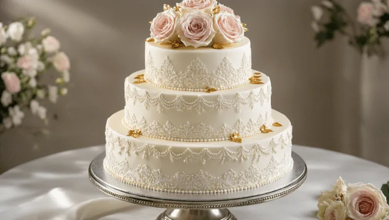 Stunning Wedding Anniversary Cake Design: A Complete Guide to Creating the Perfect Celebratory Masterpiece Luxurious three-tiered anniversary cake on a silver stand, adorned with white buttercream frosting, lace piping, gold leaf accents, and fresh blush pink and cream roses, with a softly blurred elegant background.