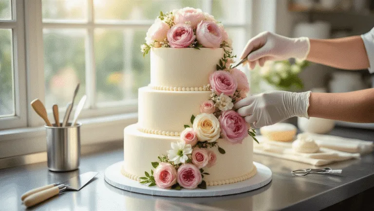 WEDDING CAKE WITH FLOWERS: THE ULTIMATE CULINARY MASTERPIECE A photorealistic image of a three-tiered white wedding cake adorned with fresh pink and cream flowers, set in a bakery workspace with professional lighting and soft bokeh background.