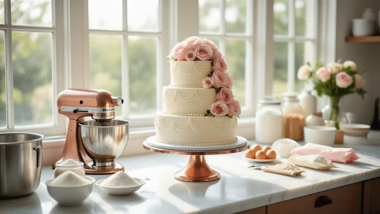 WEDDING CAKE: THE ULTIMATE DIY GUIDE A three-tier wedding cake in preparation on a marble countertop, adorned with pearl-white buttercream frosting and pastel pink roses, surrounded by baking tools in a sunlit professional bakery.