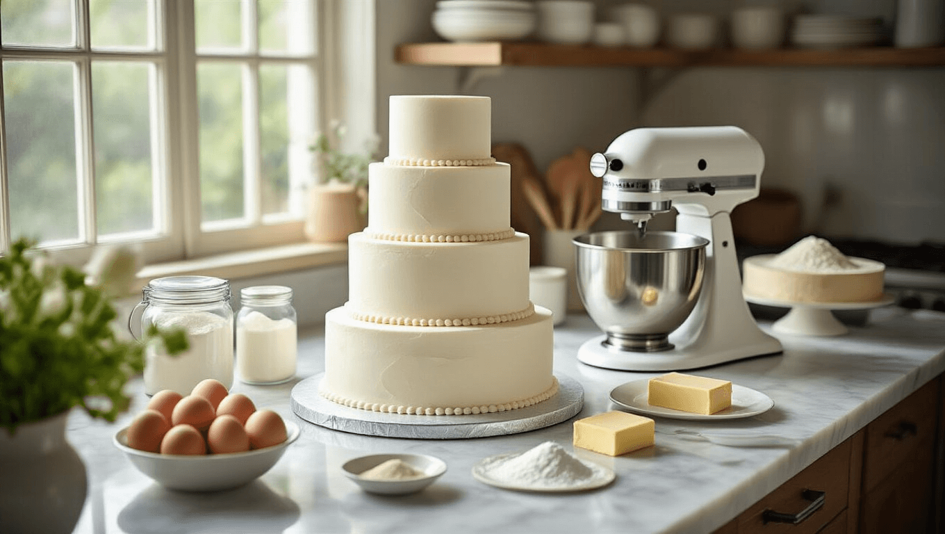 Photorealistic wedding cake preparation scene in a bright kitchen featuring white cake tiers on silver boards, fresh ingredients, and floral decorations, captured with soft depth of field and elegant pastel tones.