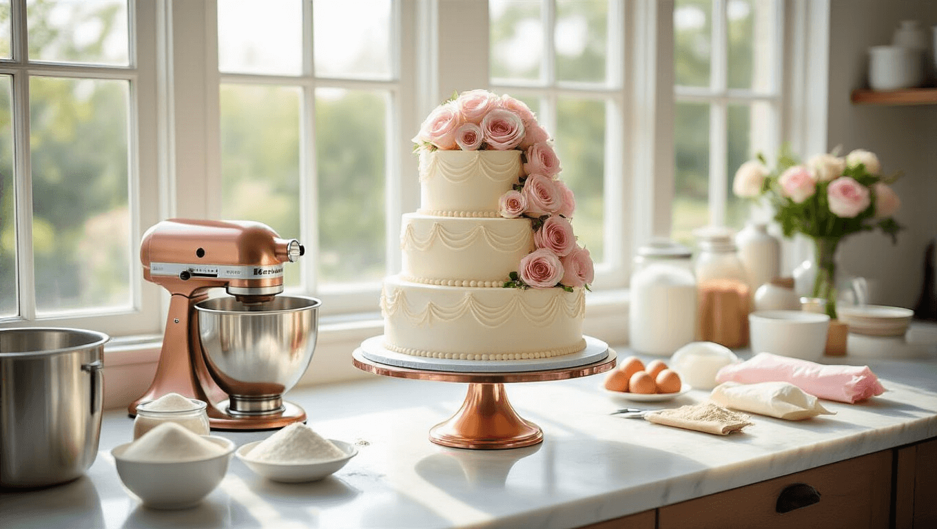A three-tier wedding cake in preparation on a marble countertop, adorned with pearl-white buttercream frosting and pastel pink roses, surrounded by baking tools in a sunlit professional bakery.