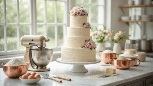 Crafting the Perfect Wedding Cake: A Complete Guide to Cake Aesthetics Photorealistic image of a pristine three-tiered wedding cake mid-assembly in a professional baking studio, featuring smooth ivory buttercream, pastel sugar flowers, and baking tools, illuminated by soft natural light.