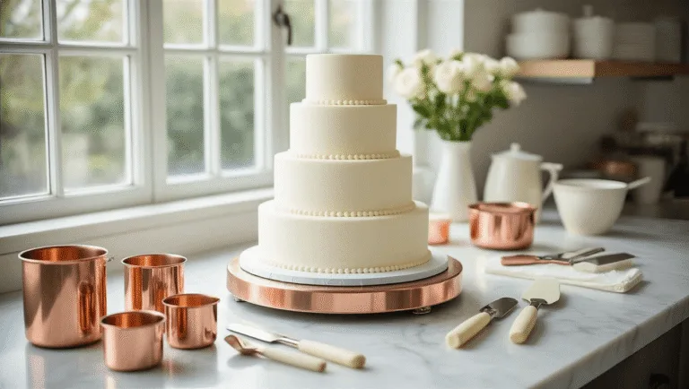 Ultimate Wedding Cake Flavor Guide: Crafting Your Perfect Celebration Dessert A bright and airy professional bakery studio showcasing a pristine stainless steel workstation with three elegantly leveled wedding cake tiers covered in soft white fondant, displayed on a rose gold turntable. The scene features organized baking tools, a luxurious marble countertop dusted with confectioner's sugar, and ambient natural lighting accentuating the cake's smooth texture.
