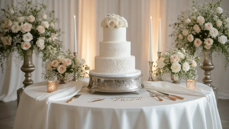 Wedding Cake Table Setup: Your Complete Professional Blueprint A luxurious wedding cake setup featuring a three-tier white fondant cake on a silver pedestal, surrounded by fresh flowers, ambient candlelight, and elegant decor in a softly lit venue.