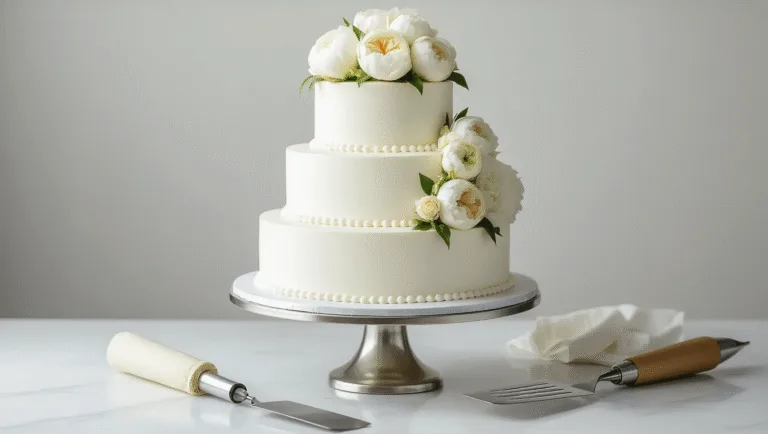 Classic Wedding Cake: The Ultimate Guide to Creating a Stunning Centerpiece Elegant three-tiered white wedding cake adorned with fresh peonies and ivory roses on a polished silver stand, captured in soft natural lighting with a blurred gray background.