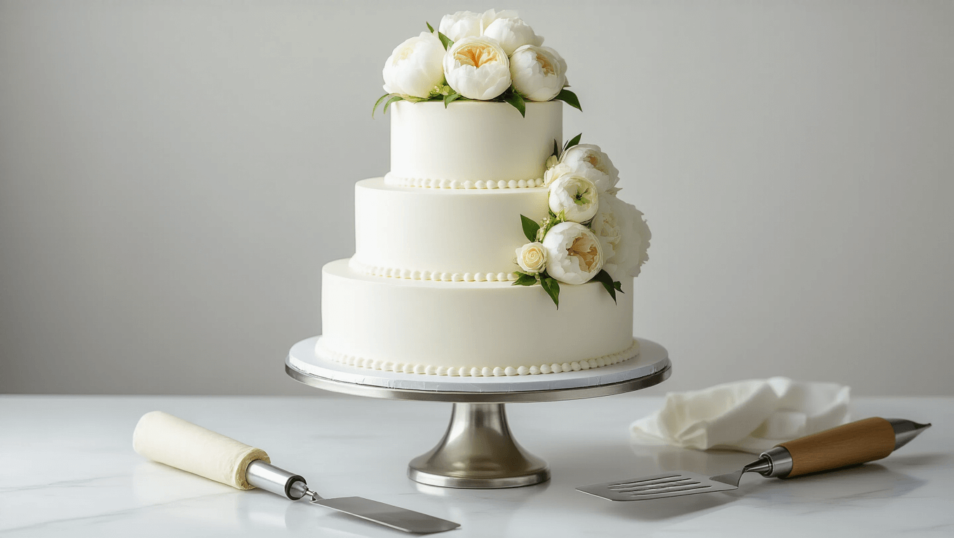 Elegant three-tiered white wedding cake adorned with fresh peonies and ivory roses on a polished silver stand, captured in soft natural lighting with a blurred gray background.