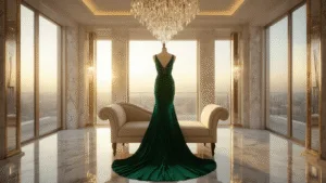 Rock Your Red Carpet Moment: The Ultimate Guide to Oscars-Worthy Style A luxurious penthouse dressing room with a draped emerald silk gown on a cream chaise lounge, featuring floor-to-ceiling windows, a crystal chandelier, and marble floors, all illuminated by warm golden hour light.