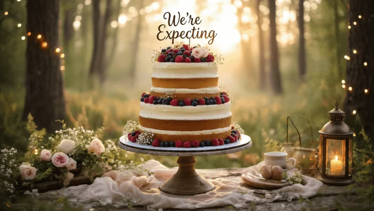 Sweet Surprise: How to Create the Perfect Pregnancy Announcement Cake Photorealistic image of a 3-tiered naked cake with vanilla and chocolate layers, adorned with fresh berries and flowers, set in an ethereal forest clearing at golden hour with twinkling fairy lights and antique lanterns, conveying a pregnancy announcement celebration.