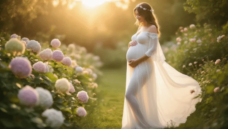 The Ultimate Guide to Picking the Perfect Gender Reveal Outfit (That Actually Feels Like You) A pregnant woman in an ethereal white chiffon dress stands in a sunlit garden, surrounded by pastel blooms, with a warm glow enveloping her silhouette.