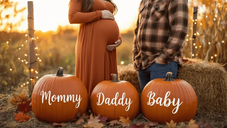 Fall Pregnancy Announcements: Capturing Your Autumn Baby Reveal Magic A warm-toned photograph of an expectant couple in a pumpkin patch during golden hour, featuring carved pumpkins labeled "Mommy," "Daddy," and "Baby," with soft fairy lights creating a magical atmosphere, surrounded by autumn leaves and hay bales.