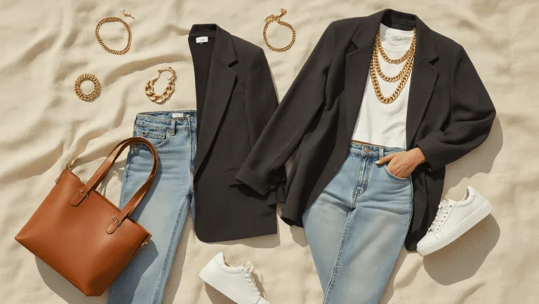 How to Nail That "Dress to Impress" Look: A Real Girl's Standout Style High-angle flatlay of an oversized charcoal blazer, white cropped tee, light wash straight-leg jeans, and white platform sneakers on a cream textured linen background, adorned with chunky gold jewelry and a cognac brown leather tote.