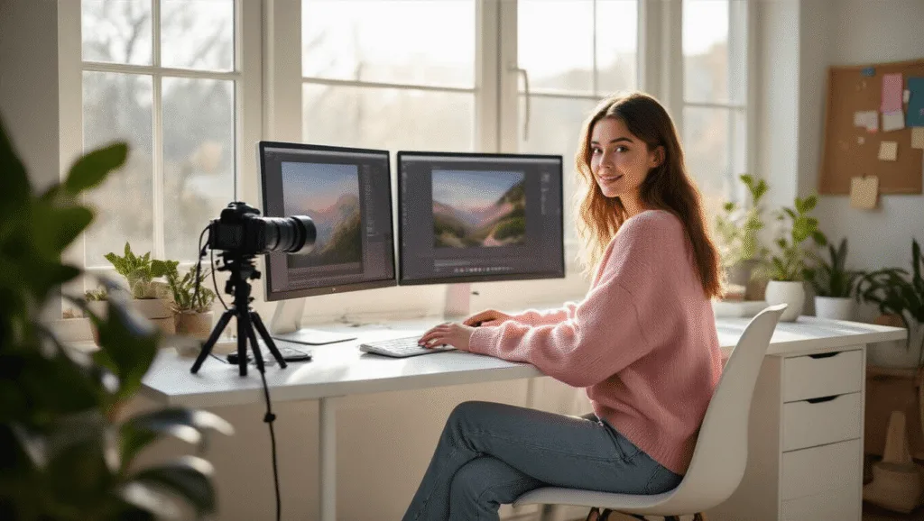 Dress to Impress Roblox: Your Ultimate Guide to Creating Show-Stopping Virtual Fashion A young female content creator in a sunlit modern studio, wearing a pastel pink oversized sweater, sitting at a white desk with dual monitors, surrounded by a professional camera setup and an inspiration board, bathed in soft morning light.