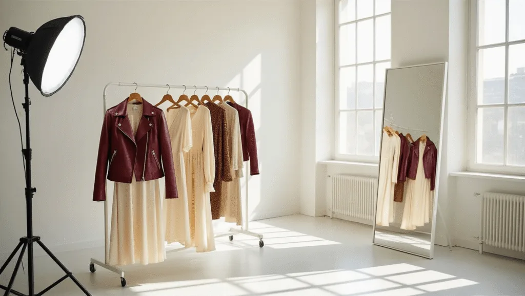 10 Game-Changing Fashion Tips for Dress to Impress on Roblox A bright fashion studio with a curated rack of layered outfits, including a cream silk dress, burgundy leather jacket, and gold accessories, complemented by natural light, clean white walls, and professional lighting, featuring a full-length mirror.