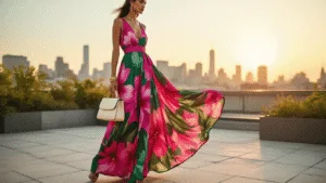 Rock Your Floral Style: A Fresh Take on Dress to Impress Fashion A fashion model poses on a rooftop garden in a vibrant fuchsia and emerald green maxi dress adorned with tropical floral prints, styled with minimal gold jewelry and a cream leather handbag, against a soft bokeh city skyline during golden hour.