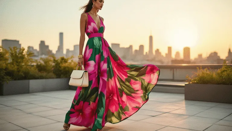 Rock Your Floral Style: A Fresh Take on Dress to Impress Fashion A fashion model poses on a rooftop garden in a vibrant fuchsia and emerald green maxi dress adorned with tropical floral prints, styled with minimal gold jewelry and a cream leather handbag, against a soft bokeh city skyline during golden hour.