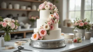 Wedding Cake Flowers: The Ultimate Guide to Stunning Cake Decorations Photorealistic image of a three-tiered white wedding cake adorned with fresh blush pink, cream, and dusty rose flowers on an ornate silver stand, set in a professional bakery studio with natural lighting and organized decorating tools.
