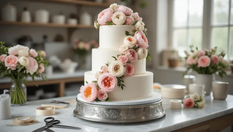 Wedding Cake Flowers: The Ultimate Guide to Stunning Cake Decorations Photorealistic image of a three-tiered white wedding cake adorned with fresh blush pink, cream, and dusty rose flowers on an ornate silver stand, set in a professional bakery studio with natural lighting and organized decorating tools.