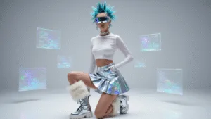 Y3K Fashion: How to Nail the Futuristic "Dress to Impress" Look A model in a metallic silver mini skirt with holographic overlay and a white crop top, paired with pearl white combat boots and fur leg warmers, styled with spiky cyber buns and chrome makeup, is posed against a minimalist white background with subtle prismatic lighting and floating holographic screens.