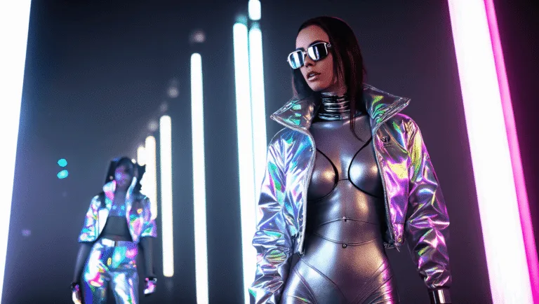 Futuristic Fashion: Sci-Fi Style That Slays A futuristic fashion model in a silver metallic bodysuit paired with a holographic jacket and chrome accessories, illuminated by vibrant neon lights in a cyberpunk studio setting.