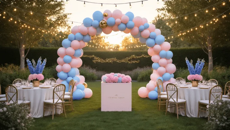 Ultimate Gender Reveal Party Decorations: Create a Memorable Celebration A whimsical garden party setup for a gender reveal celebration, featuring a grand balloon arch in ombré shades of powder blue and blush pink, lush greenery, elegantly arranged tables with floral centerpieces, a large reveal box, and a vintage dessert cart with a beautifully decorated cake and cupcakes, all illuminated by fairy lights in a dreamy golden hour setting.