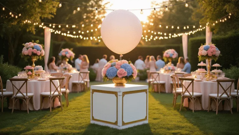 Ultimate Guide to Stunning Gender Reveal Parties: From Concept to Celebration A luxurious gender reveal party in a garden at sunset, featuring a white balloon box with gold trim, elegant floral centerpieces, and guests in pastel attire, all illuminated by string lights and golden sunlight.