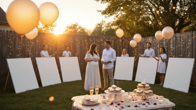 15 Epic Gender Reveal Ideas That Will Blow Your Mind A backyard gender reveal party at golden hour, featuring expectant parents and guests in white clothing, surrounded by paint-filled balloons and white canvases, with a rustic fence adorned with fairy lights, all set against a dreamy sunset backdrop.