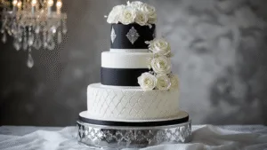 Black and White Wedding Cake: Elegant Monochrome Masterpiece Photorealistic black and white four-tier wedding cake with geometric patterns and sugar flowers on a mirrored pedestal, featuring intricate detailing and moody studio lighting.