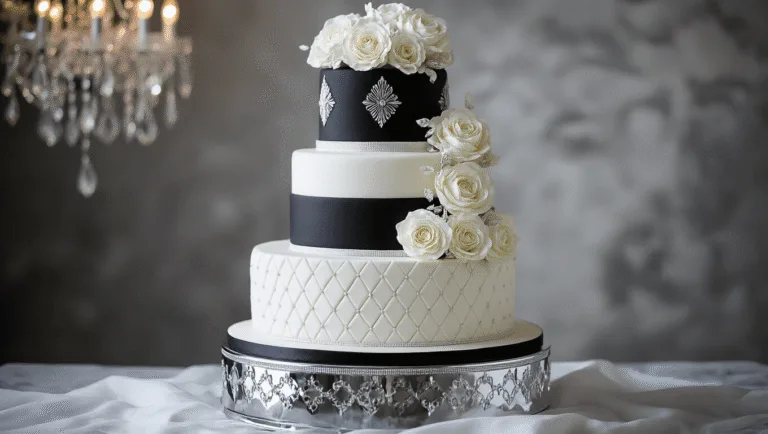 Black and White Wedding Cake: Elegant Monochrome Masterpiece Photorealistic black and white four-tier wedding cake with geometric patterns and sugar flowers on a mirrored pedestal, featuring intricate detailing and moody studio lighting.