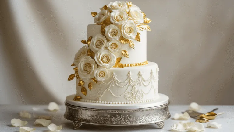 Golden Wedding Anniversary Cake: A Stunning Celebration of 50 Years of Love Photorealistic image of a three-tiered wedding anniversary cake on a silver pedestal, adorned with gold leaf, cream roses, and royal icing patterns, set against a soft-focus background, with champagne flutes and a "50th Anniversary" topper.