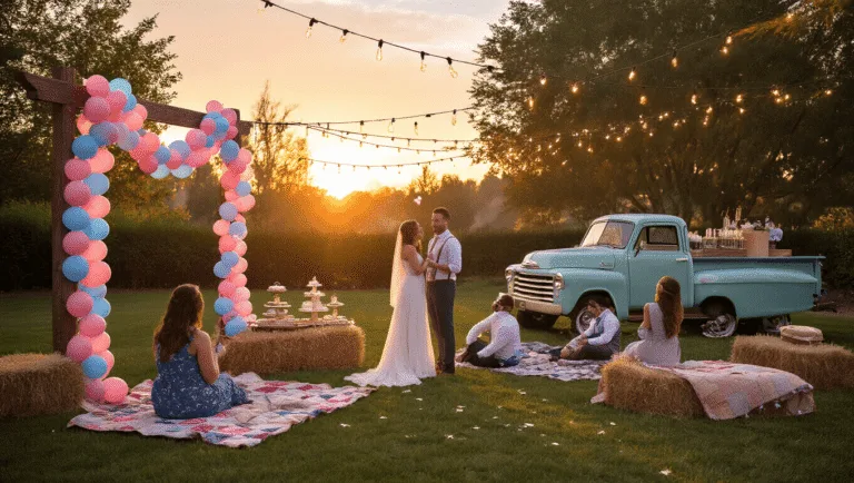 Capturing the Perfect Gender Reveal Party: A Comprehensive Guide A dreamy backyard gender reveal party at golden hour, featuring a rustic wooden arch with pink and blue balloon garlands, vintage quilts and hay bales, a restored vintage pickup truck dessert station, and a couple ready with confetti cannons, all bathed in warm sunset light and surrounded by guests.