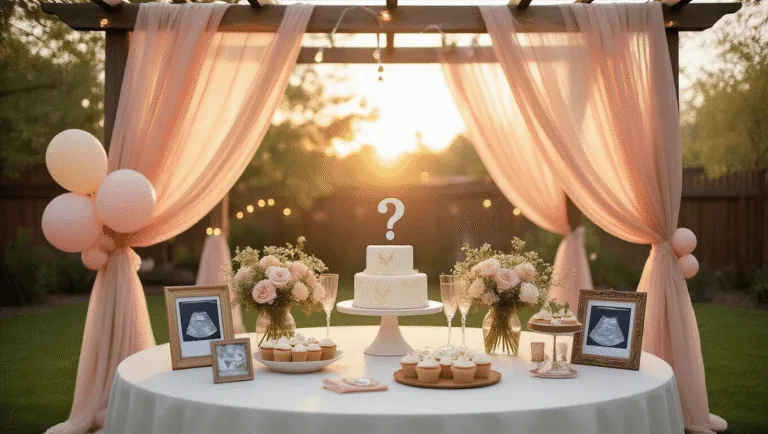 Gender Reveal Party Gifts: A Comprehensive Guide for Thoughtful Guests Elegant backyard gender reveal party setup at golden hour, featuring a rustic pergola draped in chiffon, round tables with floral centerpieces, pastel balloons, a vintage dessert cart, glowing string lights, and ultrasound photos.