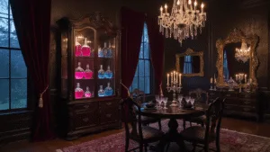 A Spellbinding Halloween Gender Reveal: Your Ultimate Guide to a Magical Baby Announcement A dimly lit Victorian parlor at dusk with a grand curiosity cabinet displaying pink and blue potion bottles, rich burgundy curtains, and an elegantly set dining table, populated by guests in Gothic attire.