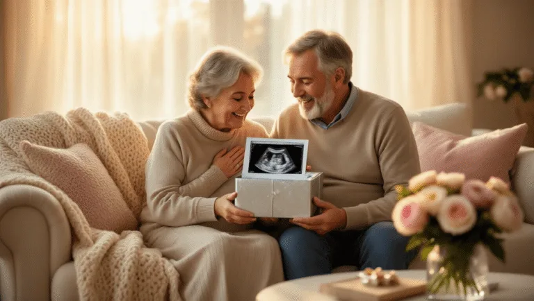 Grandparent Pregnancy Announcements: Creative Ways to Share Your Exciting News An elderly couple emotionally reacts while opening a silver-wrapped gift box revealing a framed ultrasound photo, surrounded by a warm, softly lit living room filled with cozy decor and natural sunlight.