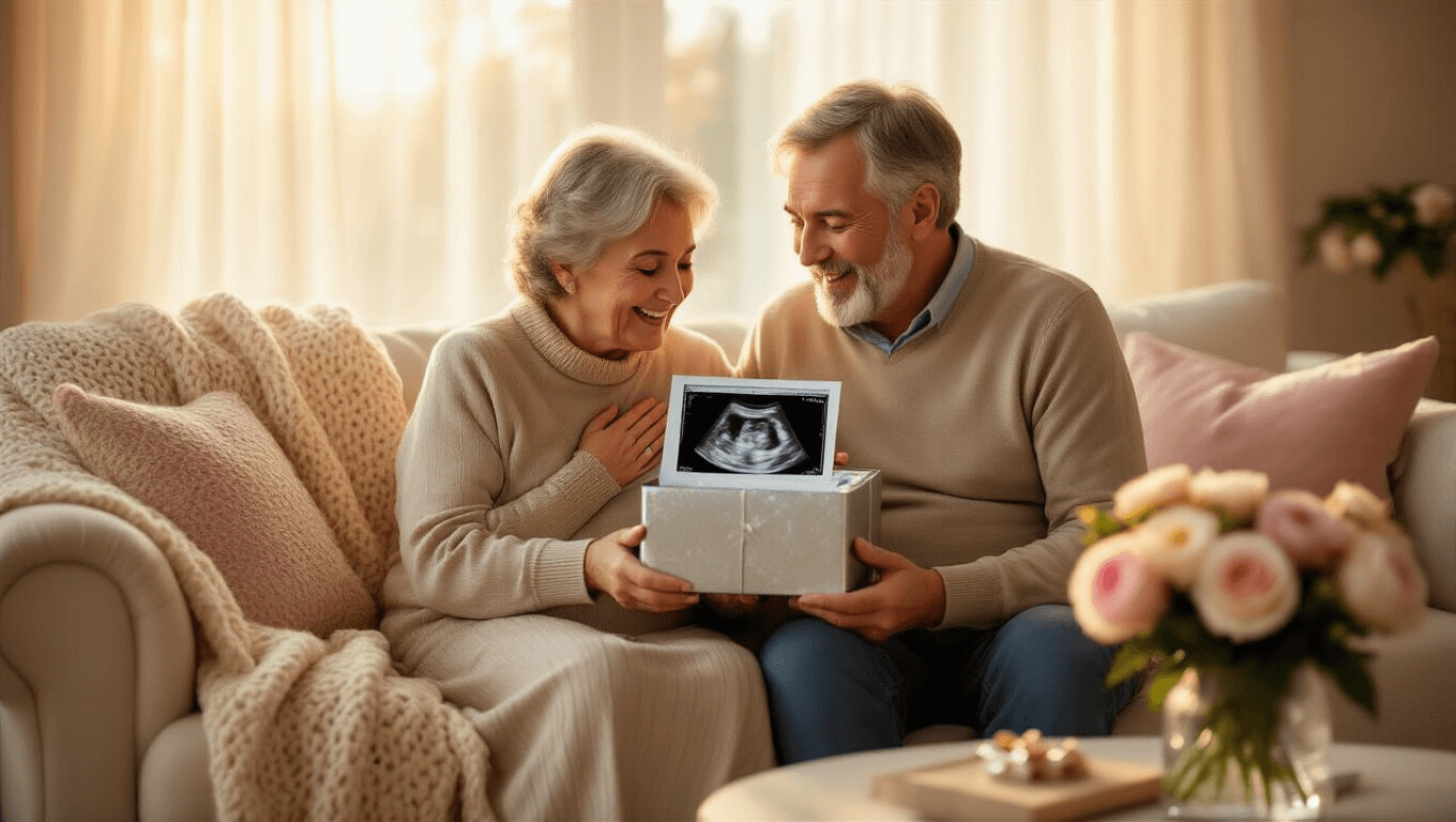 An elderly couple emotionally reacts while opening a silver-wrapped gift box revealing a framed ultrasound photo, surrounded by a warm, softly lit living room filled with cozy decor and natural sunlight.