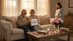 Pregnancy Announcement to Parents: Creative Ways to Share Your Exciting News An elderly couple joyfully unwraps a gift box containing a tiny onesie that reads "Promoted to Grandparents!" in a cozy living room during golden hour, with a young expectant couple nearby, surrounded by soft sunlight and beautiful decor.