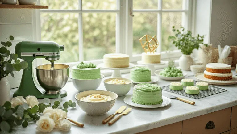 Green Wedding Cake: A Botanical Masterpiece for Modern Celebrations Photorealistic bakery workspace with marble countertop and gradient green buttercream frosting, featuring a KitchenAid mixer with cake batter, gold leaf, eucalyptus sprigs, sugar flowers, and pristine white cake layers. Soft natural light and shallow depth of field enhance the high-end editorial style.