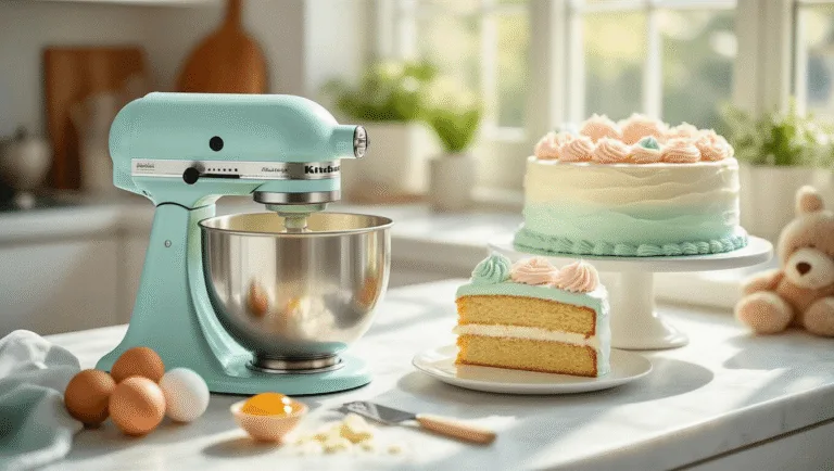 Half Birthday Cake: The Perfect 6-Month Milestone Celebration Treat A beautifully styled kitchen scene featuring a pastel blue KitchenAid mixer preparing a 6-inch round half birthday cake, with creamy butter and sugar in the foreground, and a decorated cake with pastel frosting, a teddy bear topper, and a "1/2" candle in the background, illuminated by natural sunlight.