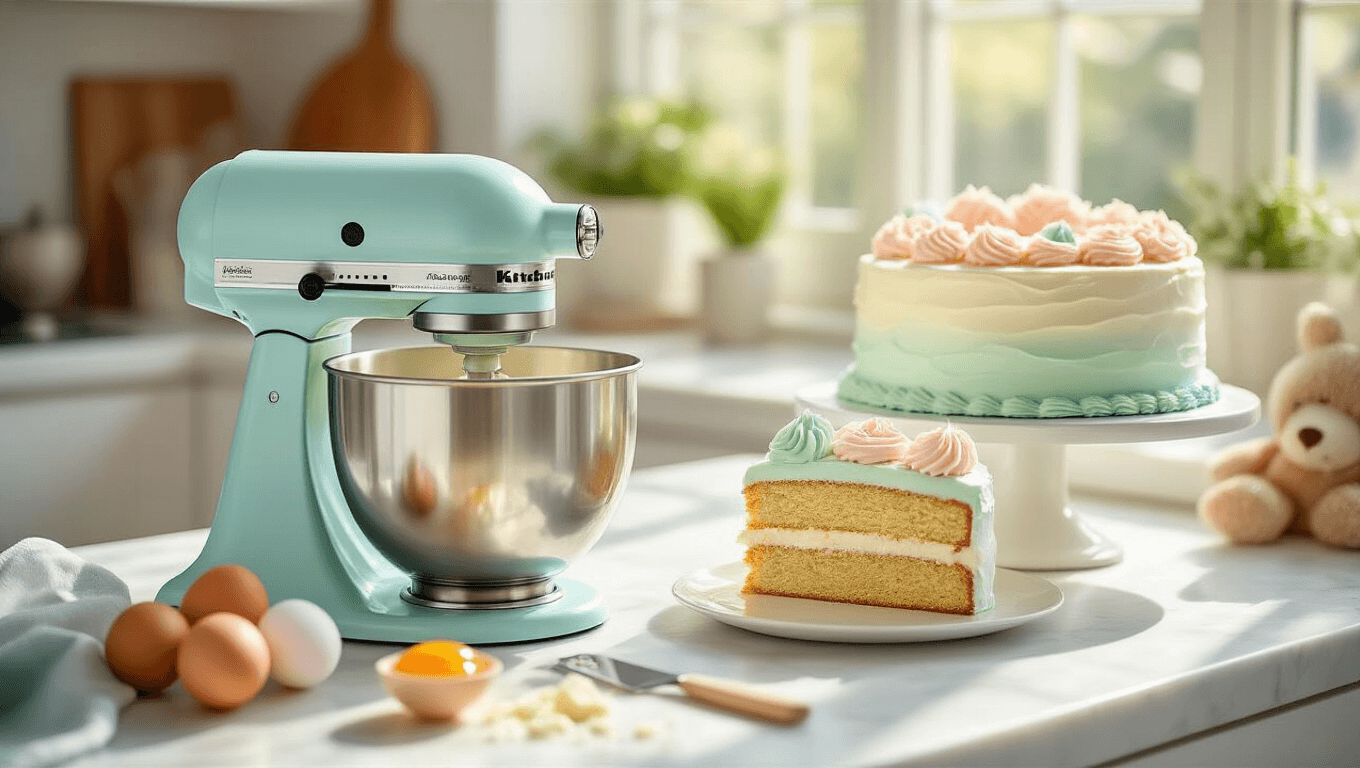A beautifully styled kitchen scene featuring a pastel blue KitchenAid mixer preparing a 6-inch round half birthday cake, with creamy butter and sugar in the foreground, and a decorated cake with pastel frosting, a teddy bear topper, and a "1/2" candle in the background, illuminated by natural sunlight.