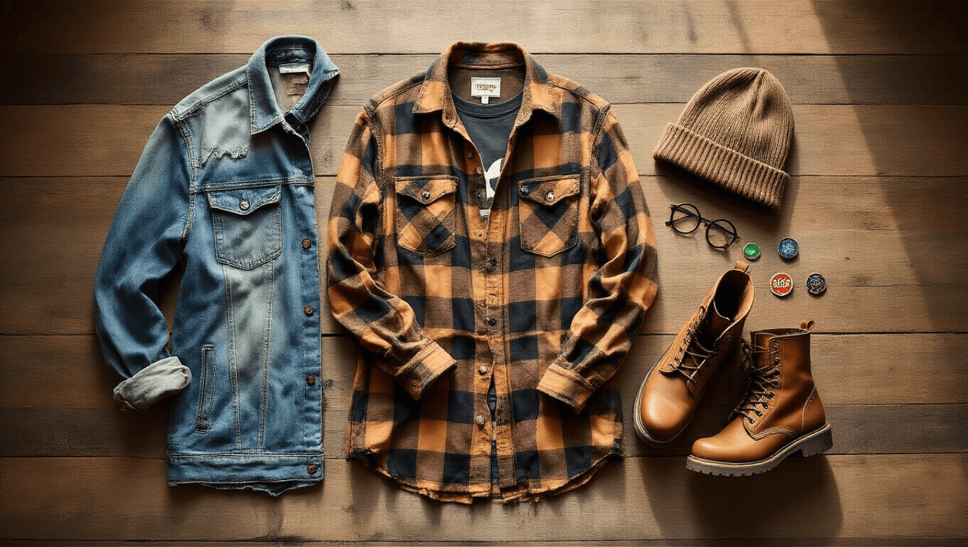 A flat lay of hipster fashion items, including distressed denim, an oversized earth-toned flannel shirt, a vintage band tee, and worn leather combat boots, set on weathered wooden flooring with morning sunlight creating a warm ambiance. Accessories like a slouchy beanie, round wire-frame glasses, and enamel pins are included, all captured from above.