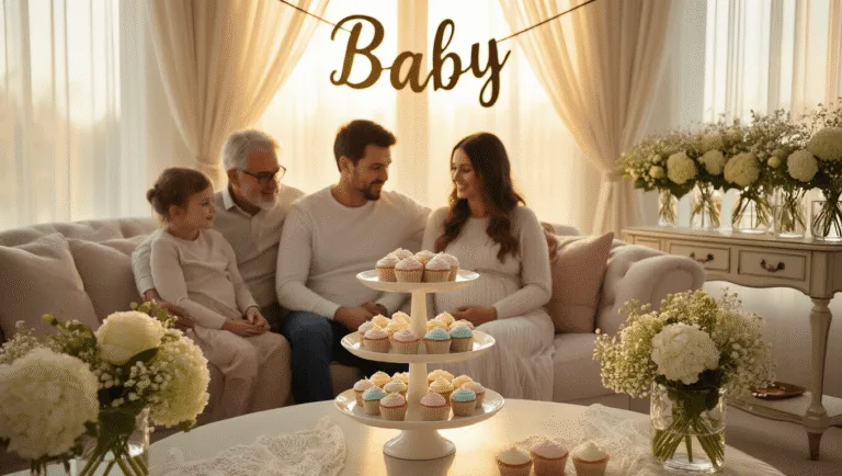 Sweet & Simple: Intimate Gender Reveal Ideas That Wow Without the Mess A sunlit living room during golden hour, featuring a young expecting couple on a cream sofa with family, surrounded by pastel-frosted cupcakes on an elegant cake stand, a "Baby" banner, and floral decorations, all captured in warm, intimate lighting.