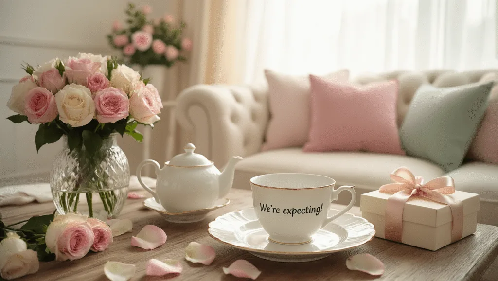 How to Announce Your Pregnancy to Your Husband: 15 Heartwarming & Creative Ideas A cozy living room scene in soft morning light features a breakfast table for two, showcasing a white plate with "We're Expecting!" message, a delicate teapot, roses in a crystal vase, scattered rose petals, and a gift box with a silk ribbon, all styled in a cottagecore aesthetic.