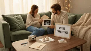 Unforgettable Ways to Announce Your Pregnancy to Your Husband: From Heartwarming to Hilarious A cozy living room scene at golden hour with a couple on a plush sage velvet sofa, the woman holding a gift box with tiny baby shoes. An ultrasound photo and a letterboard reading "We're Expecting!" are on the coffee table, surrounded by twinkling fairy lights and soft textures.