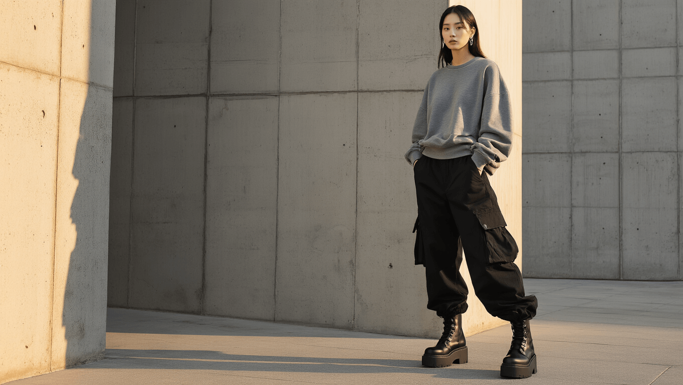 Fashion model in oversized black cargo pants and layered gray sweatshirt, set against an urban concrete backdrop during golden hour, accessorized with minimalist silver jewelry and platform boots, capturing a moody, contemporary aesthetic with neutral tones.