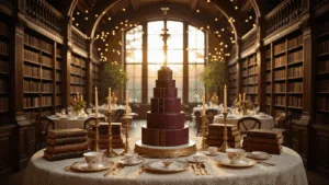 Crafting the Perfect Book-Themed Birthday Party: A Literary Lover's Ultimate Guide A sun-drenched library-inspired party space with mahogany bookshelves, layered tablescape featuring vintage books, antique candlesticks, and delicate tea sets, cozy reading nooks, and a whimsical cake designed as stacked books, all illuminated by warm fairy lights.