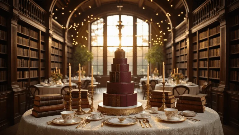 Crafting the Perfect Book-Themed Birthday Party: A Literary Lover's Ultimate Guide A sun-drenched library-inspired party space with mahogany bookshelves, layered tablescape featuring vintage books, antique candlesticks, and delicate tea sets, cozy reading nooks, and a whimsical cake designed as stacked books, all illuminated by warm fairy lights.