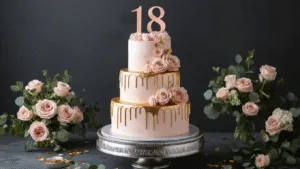 18th Birthday Cake: The Ultimate Celebration Centerpiece Elegant three-tiered birthday cake in blush pink buttercream with metallic gold drip, adorned with handcrafted sugar roses and an '18' acrylic topper, displayed on a silver cake stand against a charcoal backdrop.