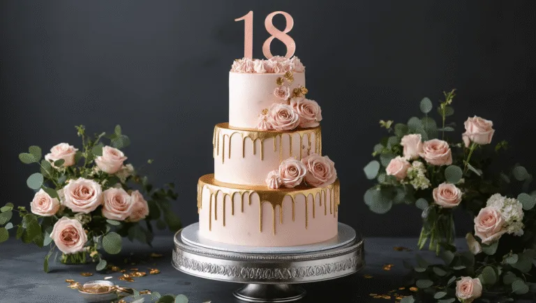 18th Birthday Cake: The Ultimate Celebration Centerpiece Elegant three-tiered birthday cake in blush pink buttercream with metallic gold drip, adorned with handcrafted sugar roses and an '18' acrylic topper, displayed on a silver cake stand against a charcoal backdrop.